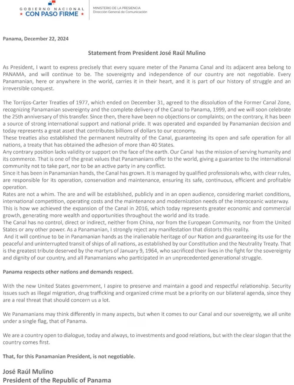 ‘Every Square Meter of the Panama Canal and its Adjacent Area Belongs to Panama and will Continue to do so’: Mulino Responds to Trump’s Statements